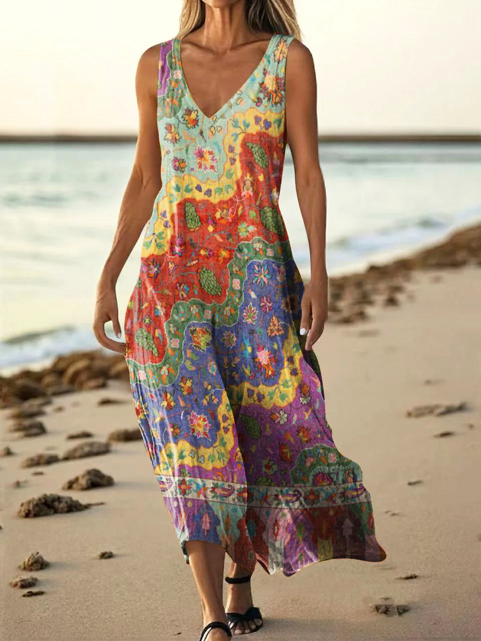 Women's Boho Floral Wave Collage Art Print V-neck Sleeveless Pocket Co