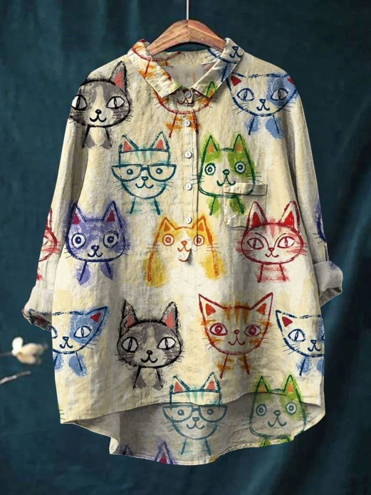 Colorful Crayon Hand-Painted Cat Print Cotton And Linen Shirt