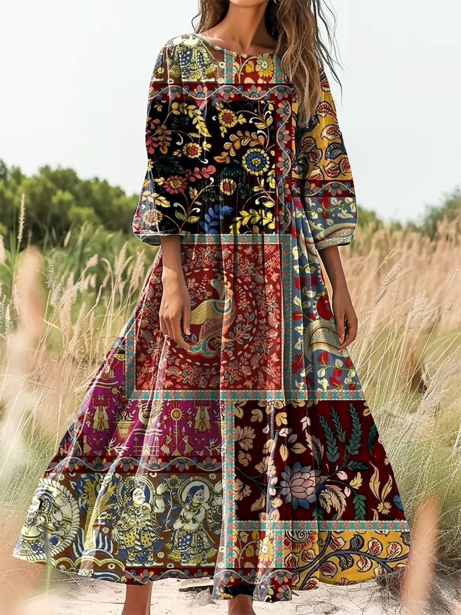 Women's Vintage Ethnic Floral Art Print Flowy Cotton Crew Neck Dress