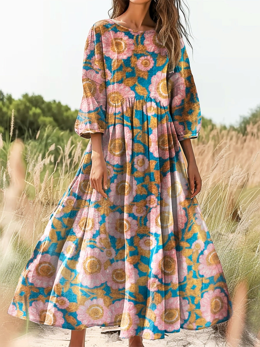 Women's Bohemian Floral Print Flowy Cotton Crew Neck Dress