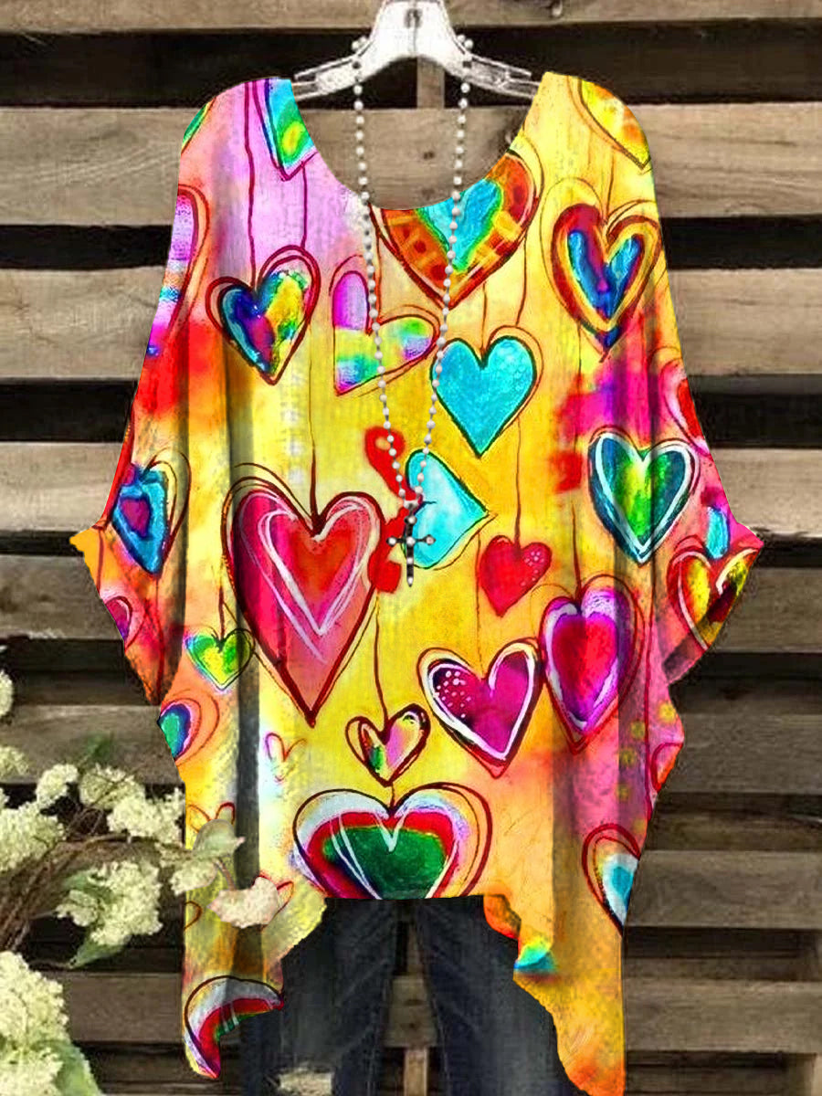 Women's Vintage Abstract Love Heart Color Art Print Crew Neck Top