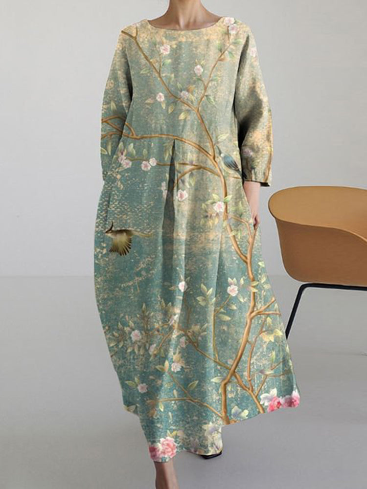 Vintage Floral Print Casual Midi Dress