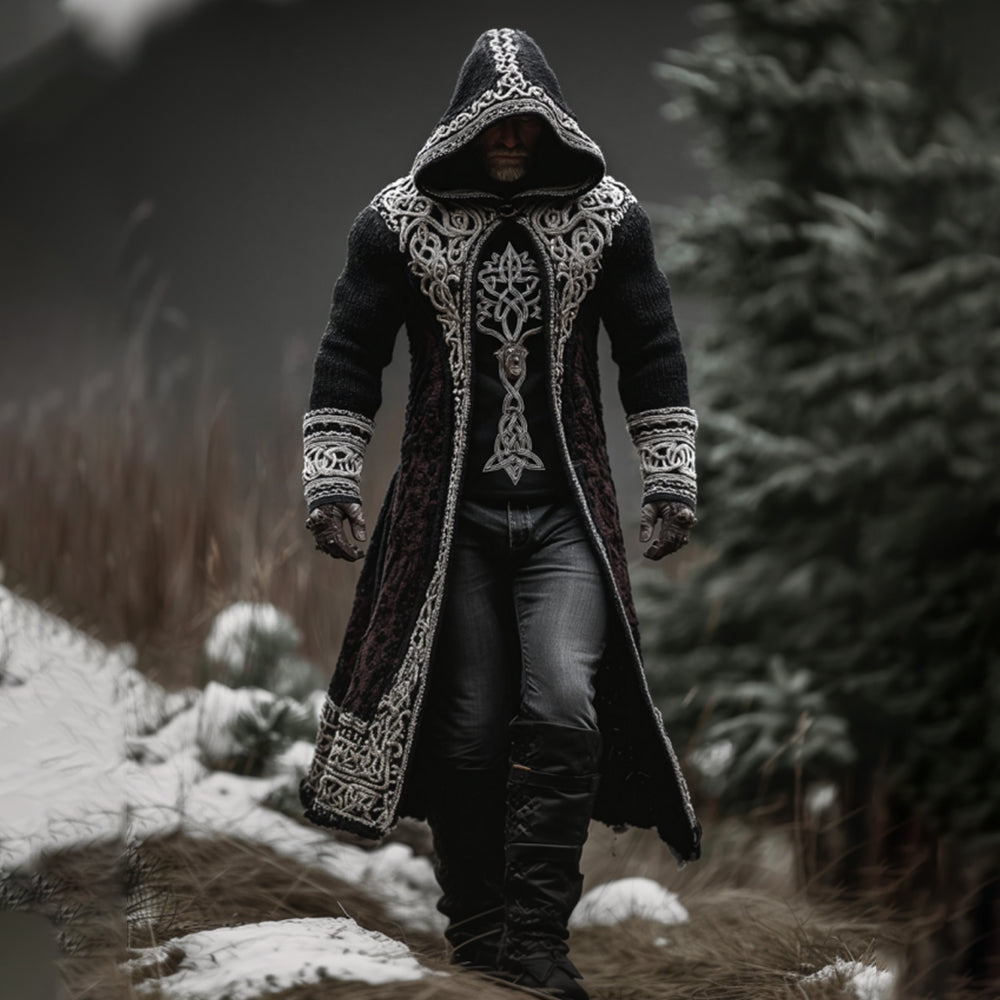 Men's Viking Style Celtic Knot Warm Hooded Cardigan Long Sweater