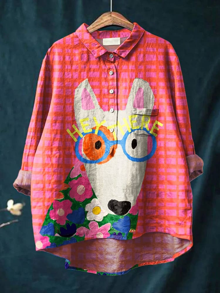 Plaid Cartoon Glasses Puppy Print Cotton And Linen Shirt