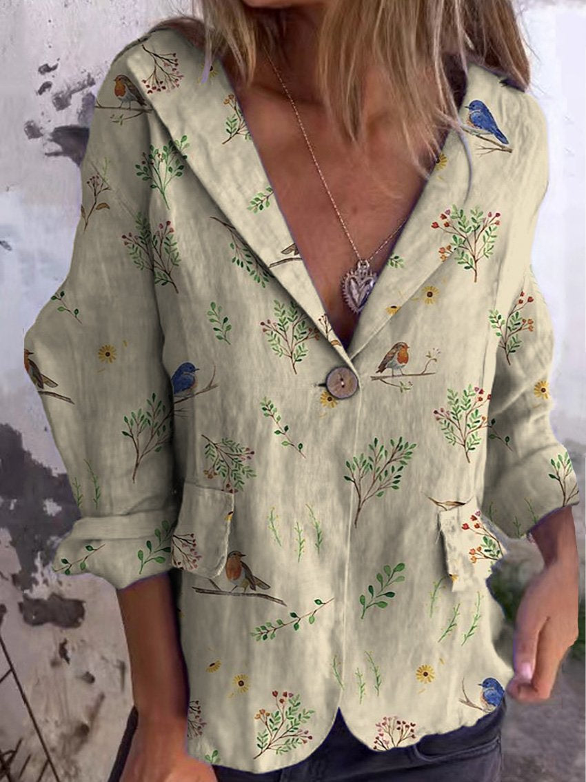 Boughs And Robin Birds Pattern Printed Women's Linen And Cotton Pocket Coat