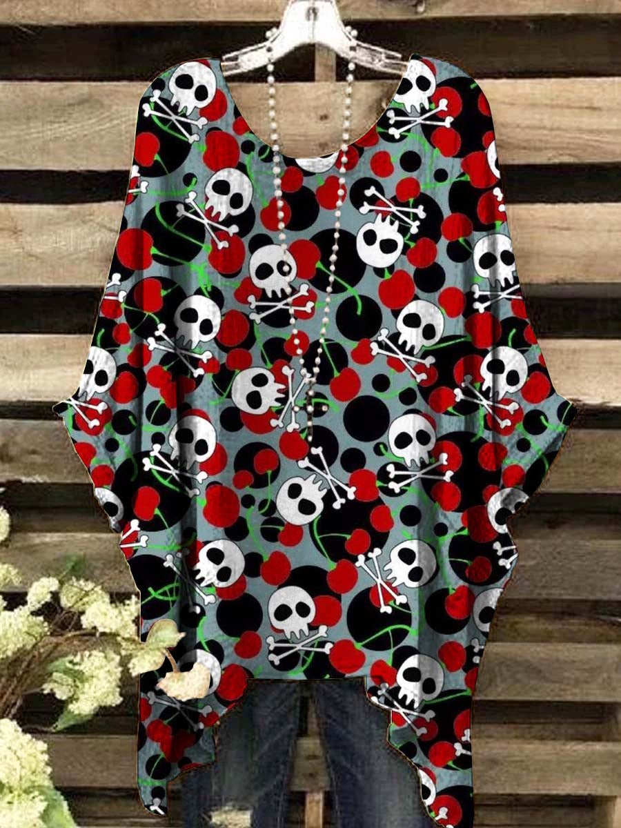 Women's Polka Dot Cherry Skull Print Casual Top