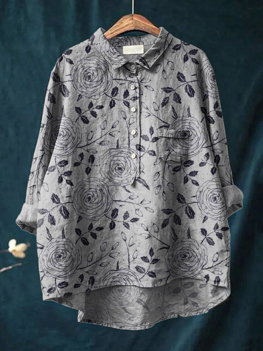 Vintage Lovely Floral Art Print Casual Cotton And Linen Shirt