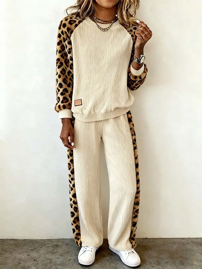 Women'S Casual Contrast Leopard Print Pants Set