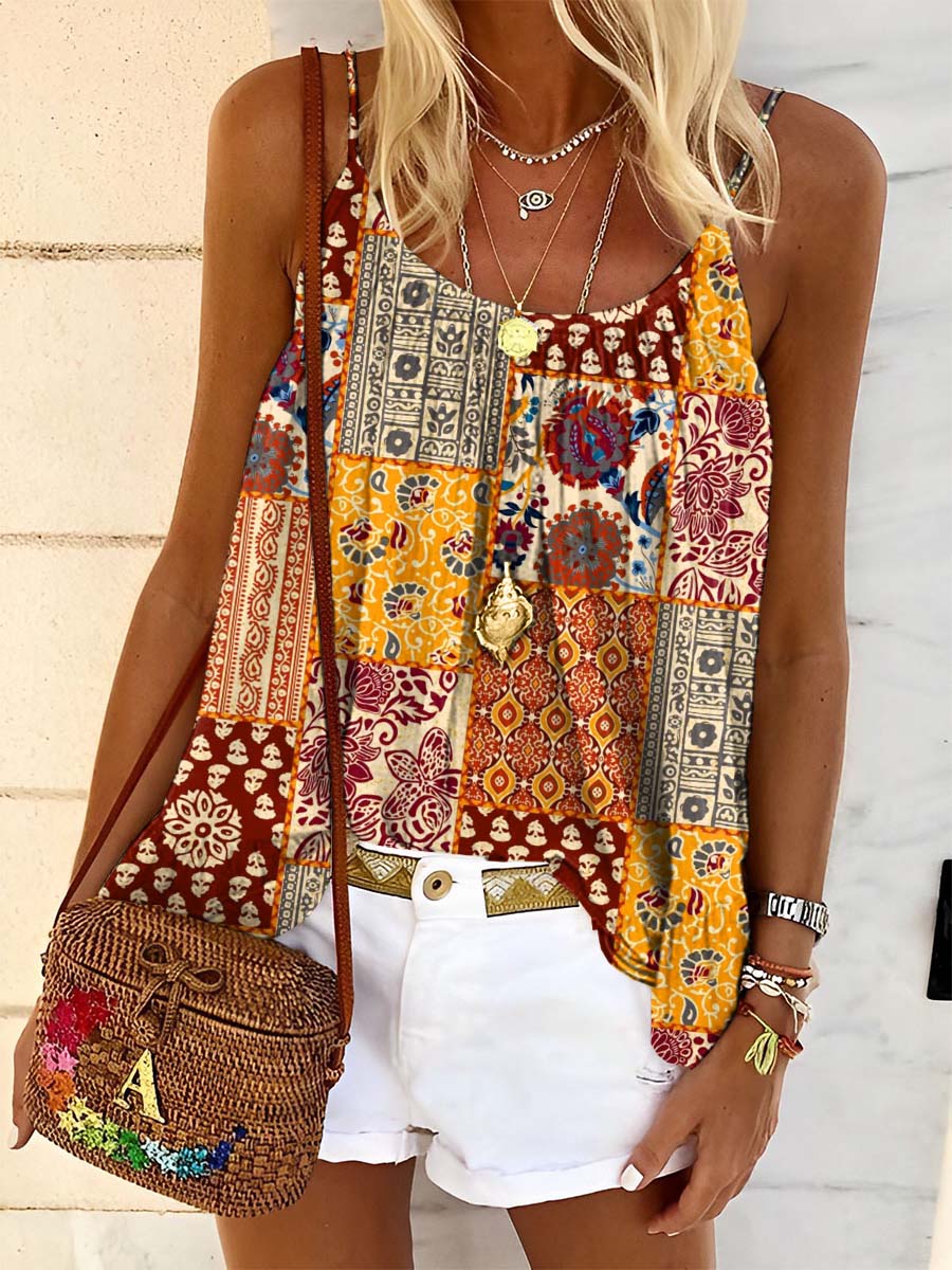Women's Retro Ethnic Floral Patchwork Pattern Print Tank Top