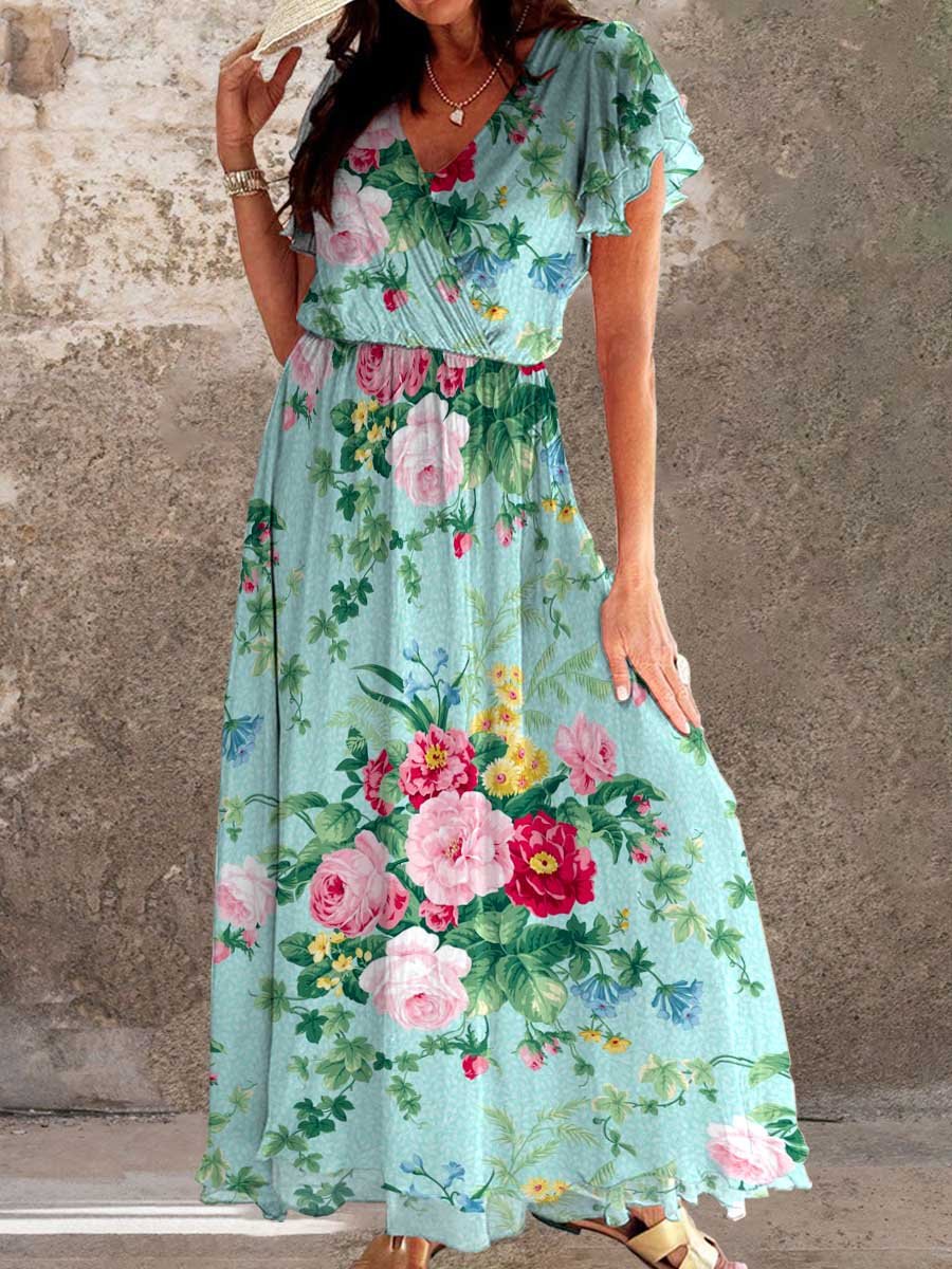 Women's Elegant Vintage Rose Floral Pattern Dress