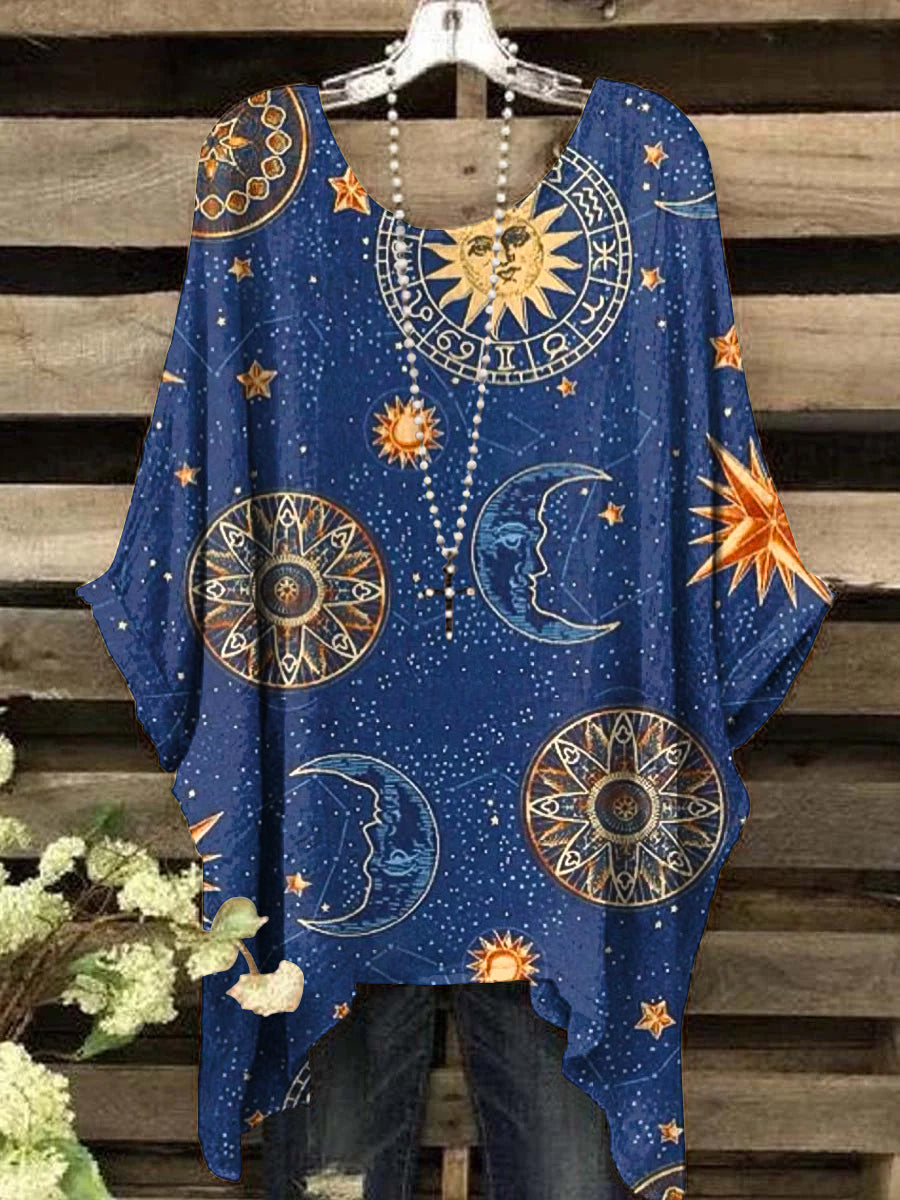 Women's Vintage Star Moon Divination Art Print Crew Neck Top