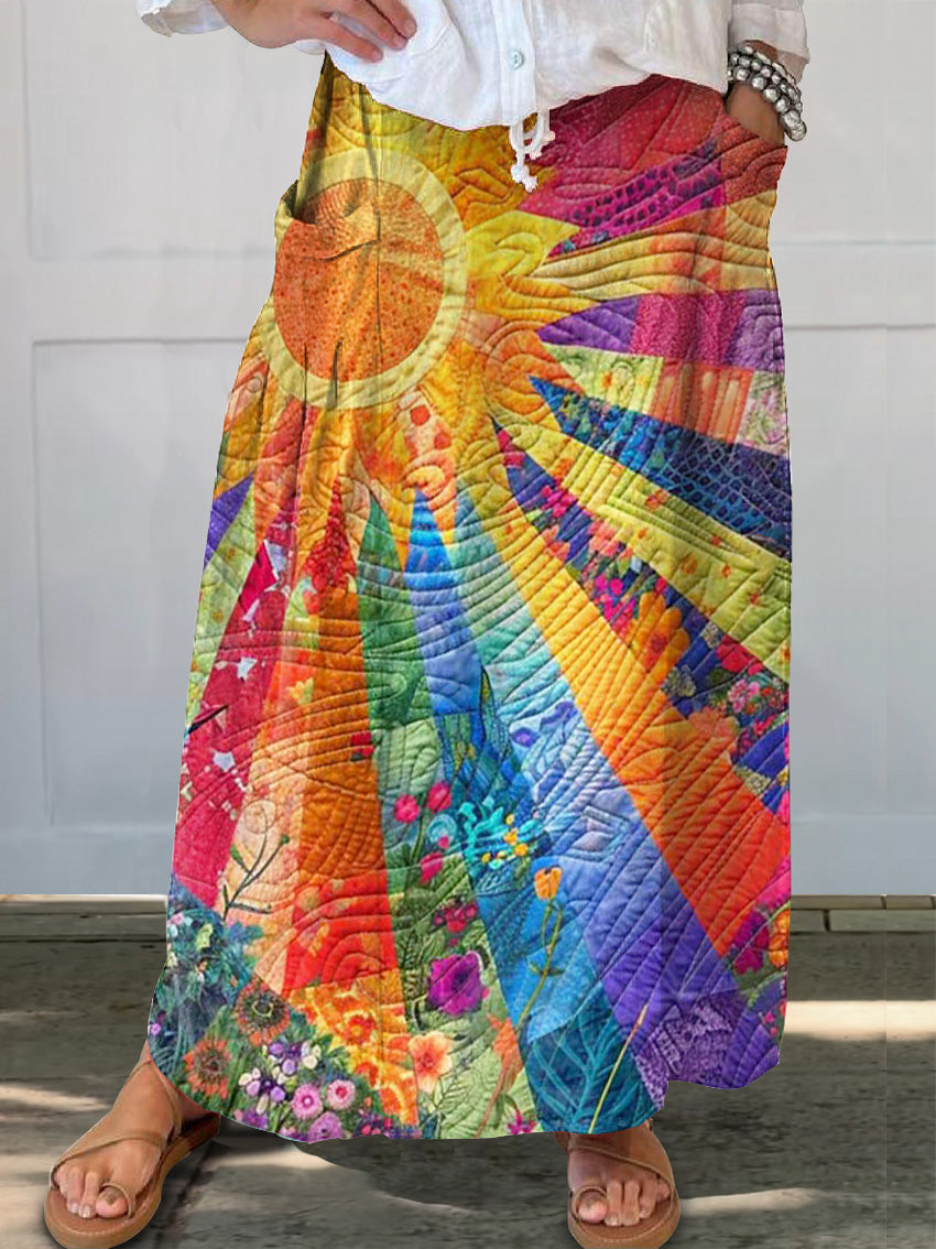 Women's Colorful Bohemian Sun Floral Collage Art Print Linen Pocket Sk
