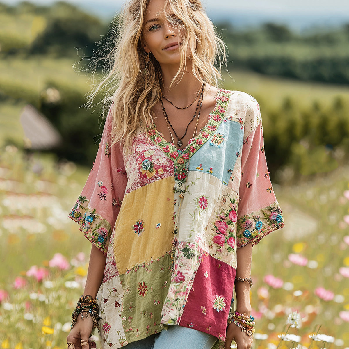 Women's Vintage Floral Print V-neck T-shirt