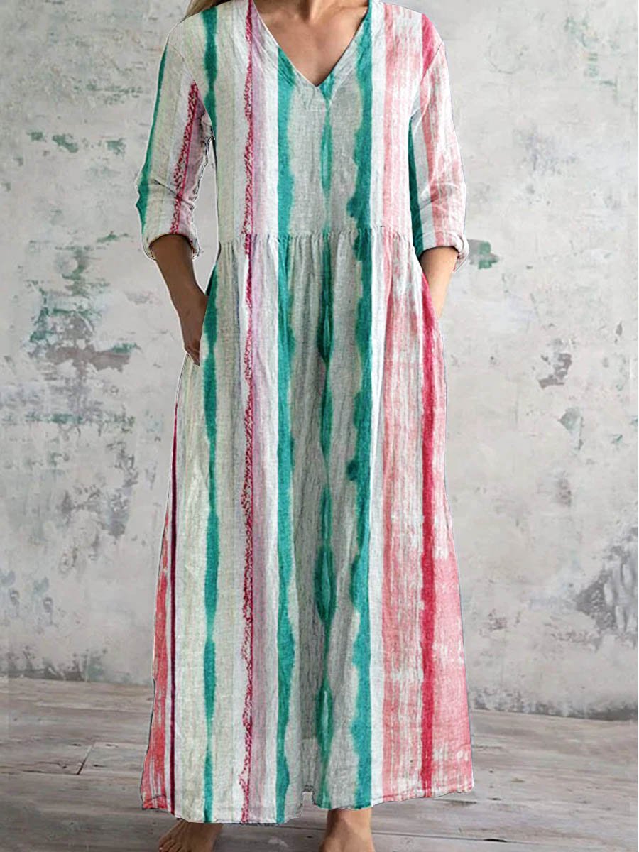 Women's Vintage Boho Stripe Pattern V Neck Dress with Pockets