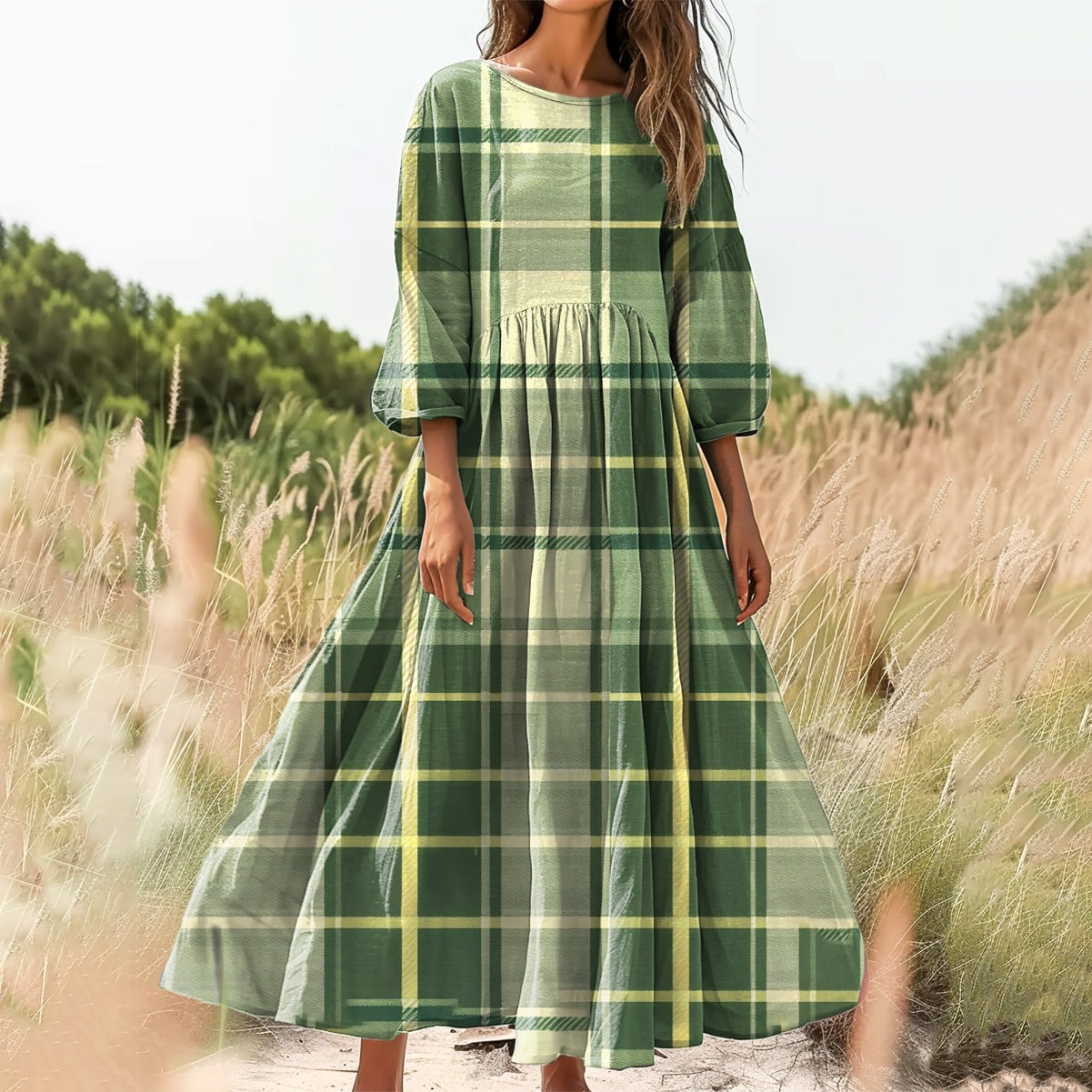 Women's Plaid Art Print Cotton Crew Neck Dress
