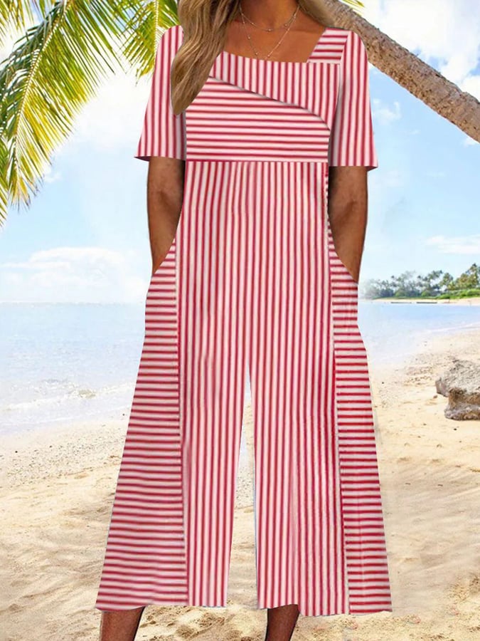 Women's Casual Red Striped Short Sleeve Jumpsuit