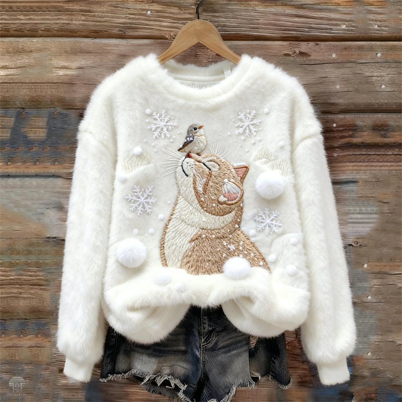 Lovely Cat & Bird Snowflakes Embroidered Cozy Plush Sweatshirt