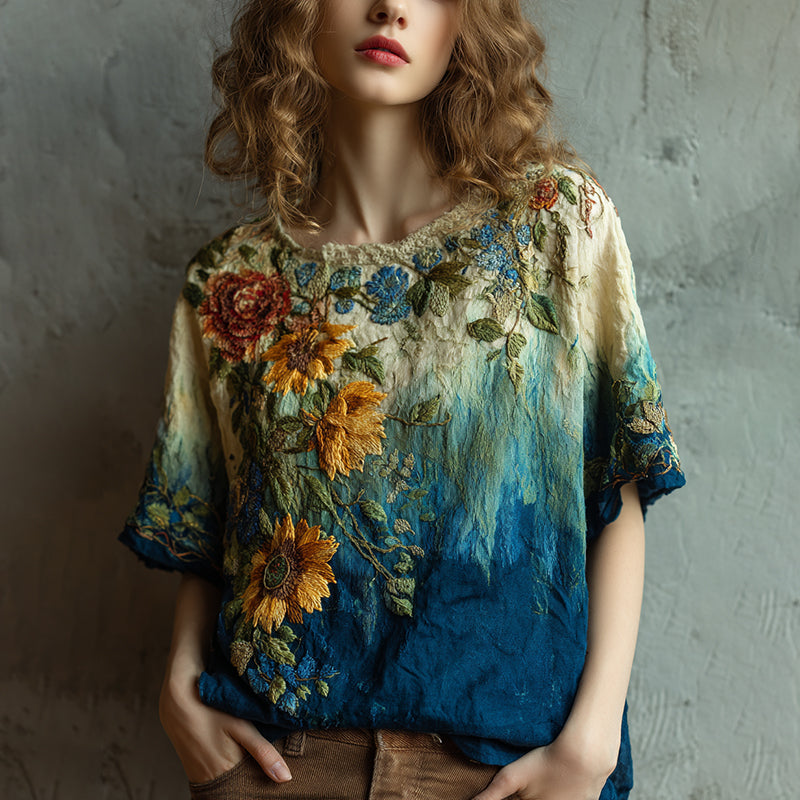 Women‘s Vintage Flower Embroidery Gradient Round Neck Linen Blend T-shirt