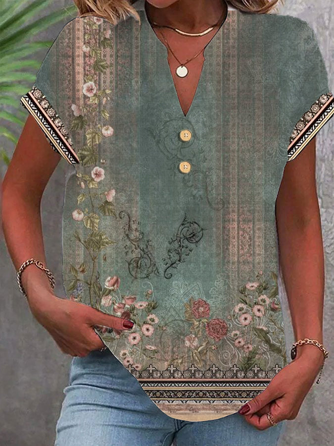Women's Casual Short Sleeve Flower Print Shirt