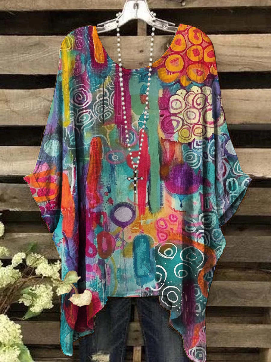 Women's Oil Painting Abstract Print Vintage Top