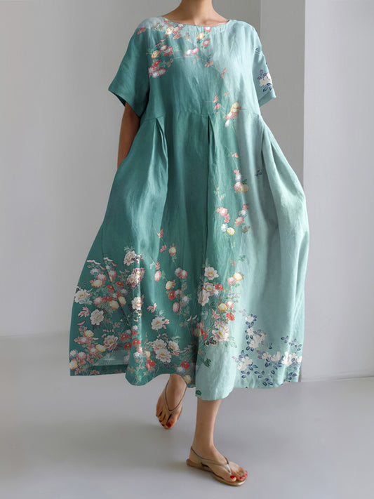 Japanese Art Flower Print Round Neck Casual Midi Dress