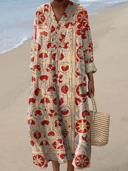 Women's Symmetrical Art Flowers Print Casual Dress