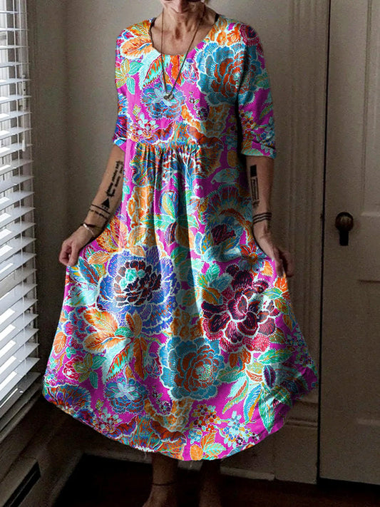 Women's Hippie Art Floral Print Crew Neck Dress