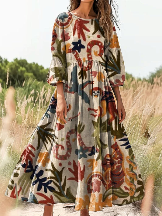 Women's Vintage Ethnic Tropical Art Print Flowy Cotton Crew Neck Dress