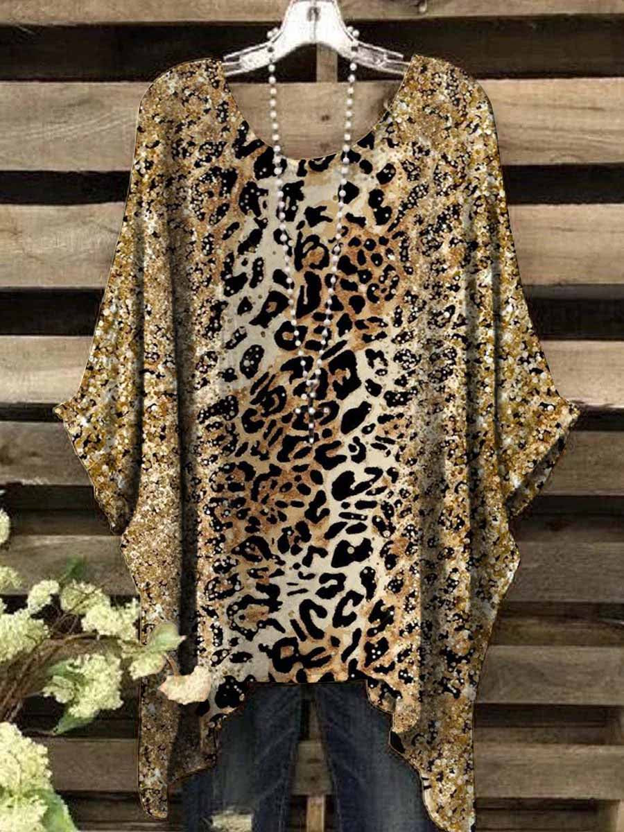 Women's Vintage Glitter Patchwork Leopard Abstract Print Top