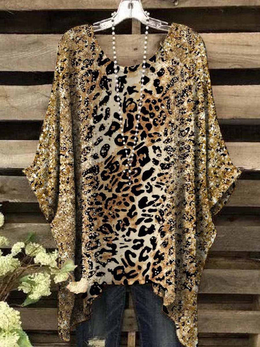 Women's Vintage Glitter Patchwork Leopard Abstract Print Top