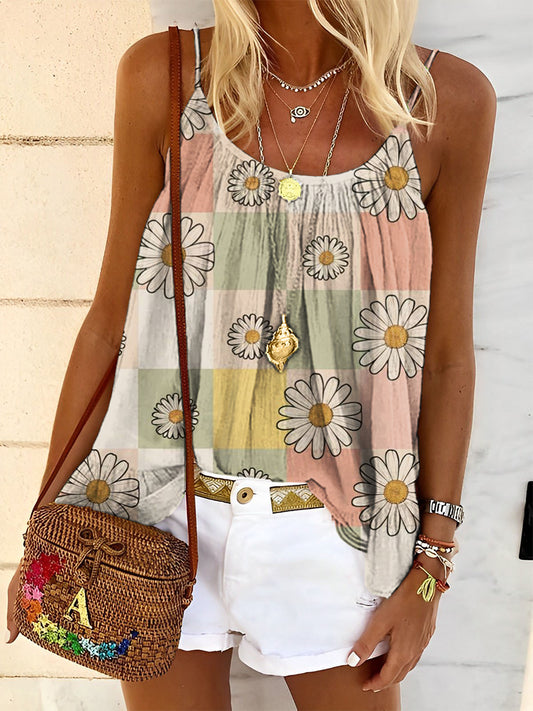 Plaid and Flowers Retro Pattern Women's Print Tank Top