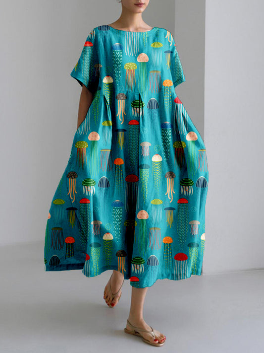 Colorful Jellyfish Art Pattern Linen Blend Maxi Dress