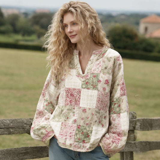 Women's Retro Floral Patchwork Pattern Linen V-neck Shirt