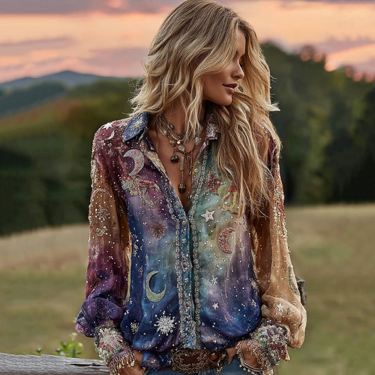 Tie-dye Star Moon Embroidered Sequined Ombre Witch Shirt