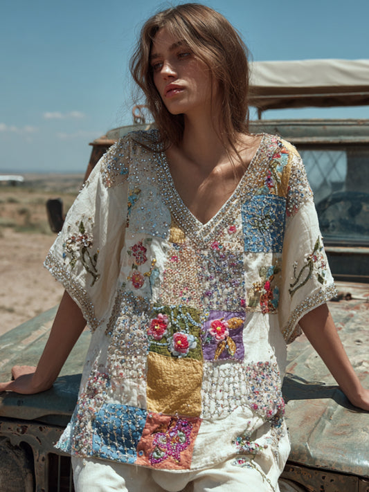 Bohemian Style Patchwork Three-dimensional Embroidery Silent White Vintage V-neck Short-sleeved Shirt