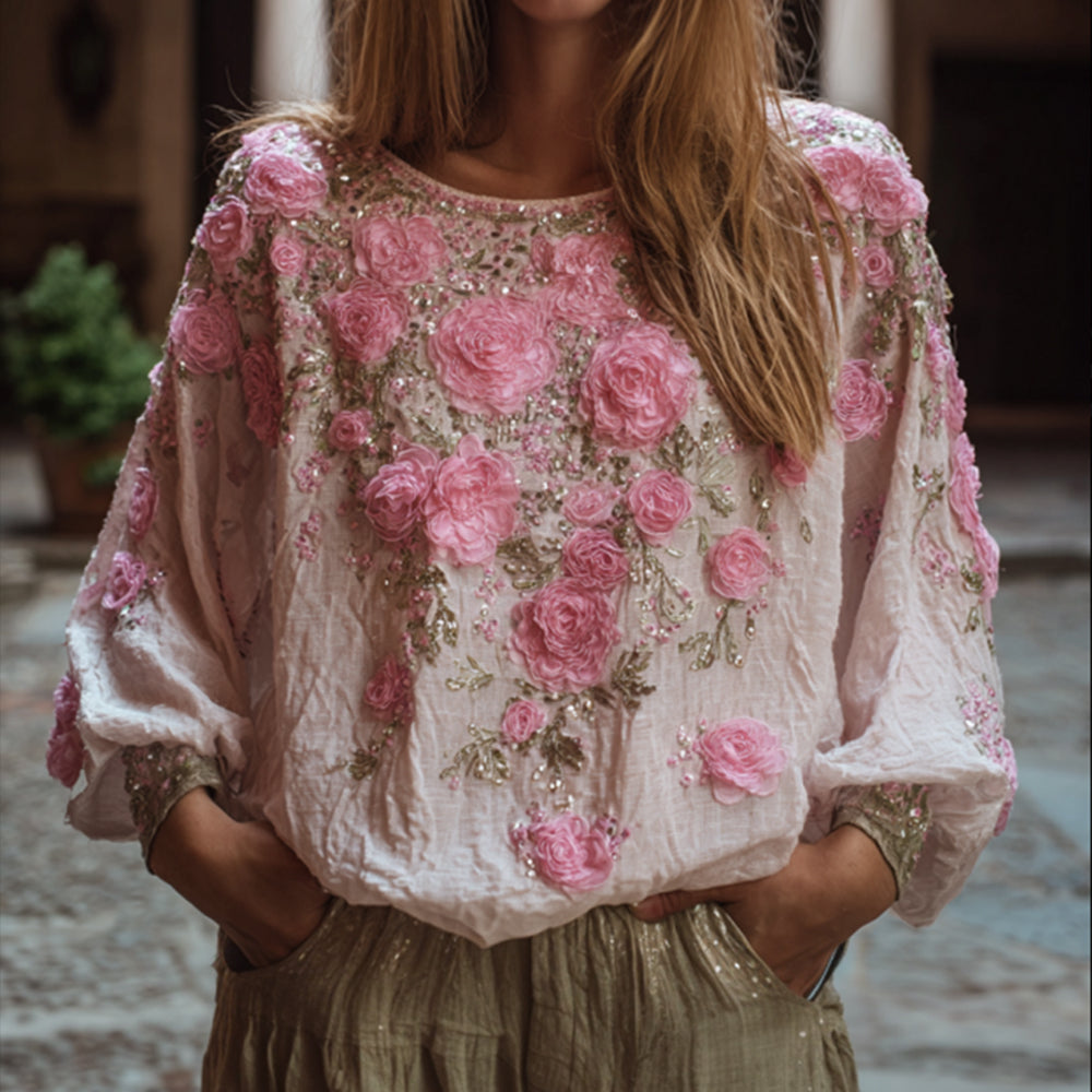 Ladies' Embroidered Flower Vintage Casual V-neck Long-sleeved Top