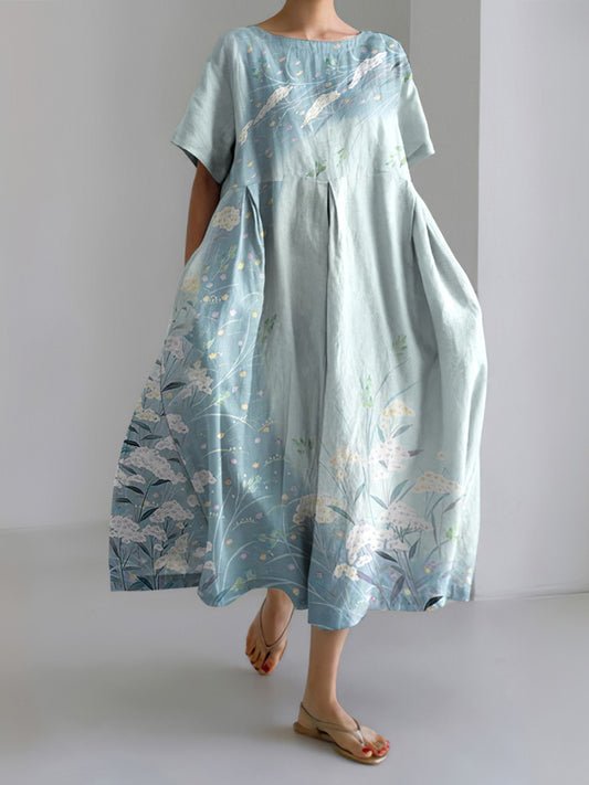 Japanese Art Flower Print Casual Round Neck Short Sleeve Midi Dress