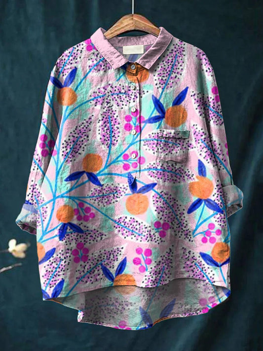 Women's Watercolor Flowers Floral Art Print Casual Cotton And Linen Shirt