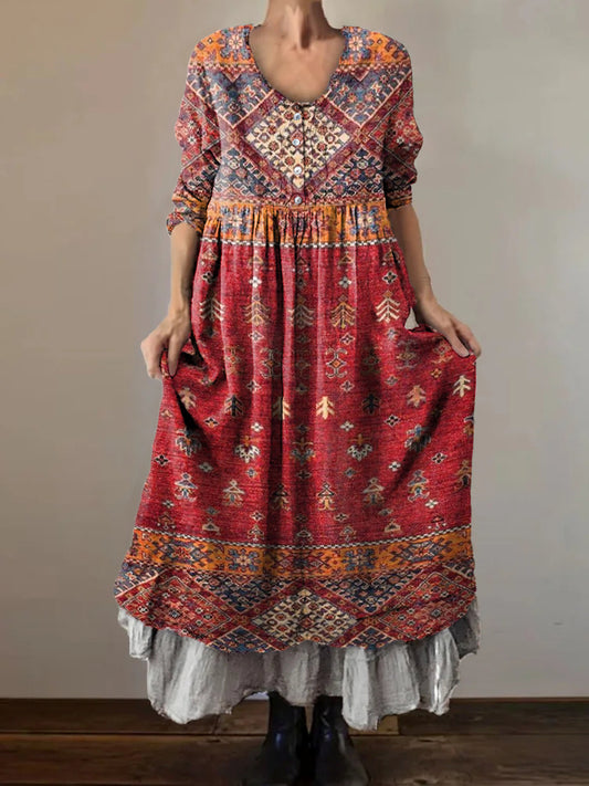 Women's Vintage Ethnic Art Patterns Print Button Pocket Cotton Dress