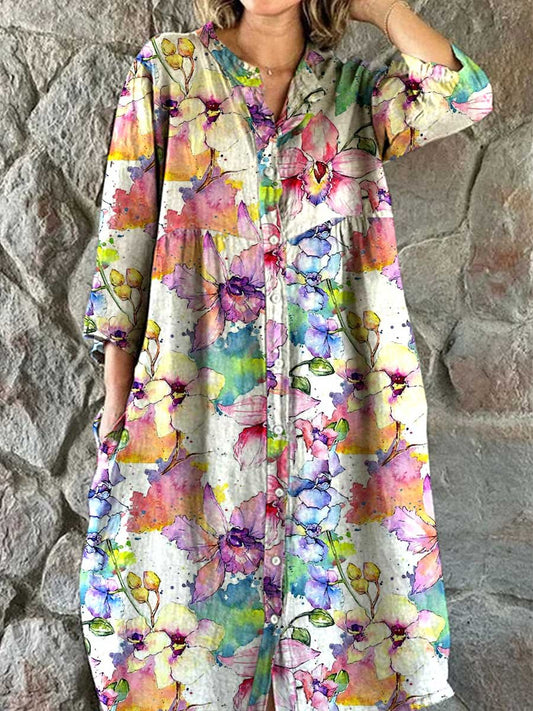 Women's Watercolor Floral Pattern Shirt Cotton And Linen Dress With Po