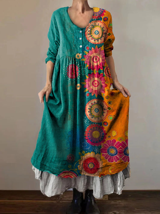 Women's Floral Art Print V-Neck Button Pocket Cotton Dress