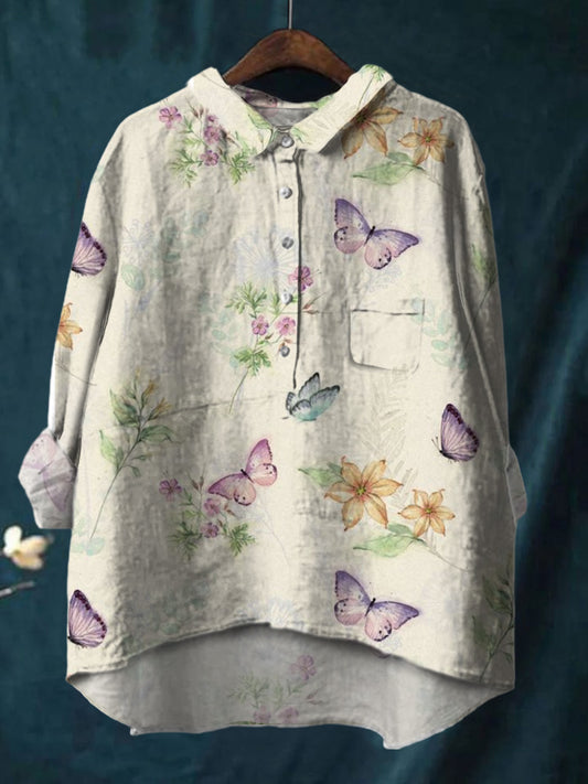 Elegant Ink Painting Of Butterflies And Flowers Printed Cotton And Linen Shirt