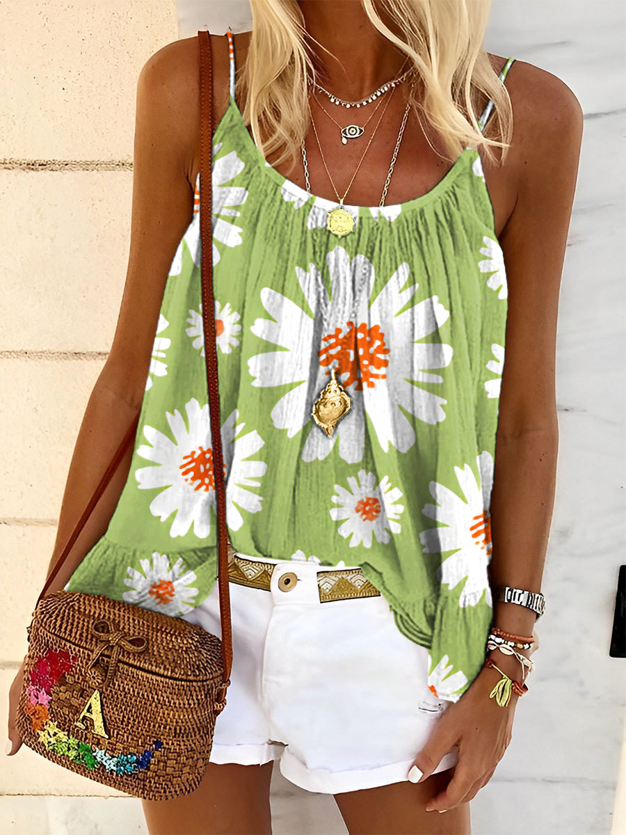 Women's Vacation Vintage Daisy Florals Art Print Tank Top