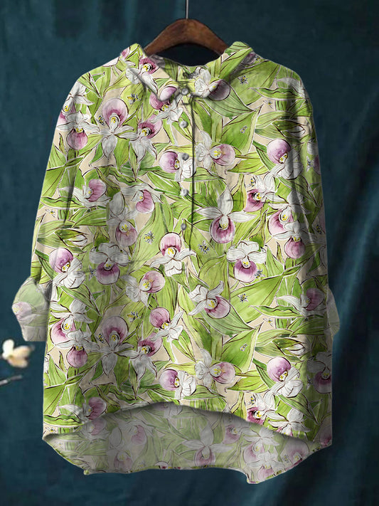 Women's Loose Green Leaf Print Cotton And Linen Shirt