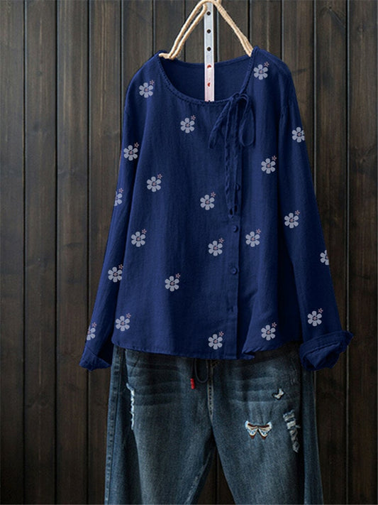 Women's Floral Cotton Linen Tie Shirt