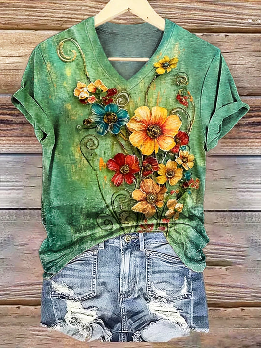 Women's Retro Nostalgic Folk Floral Art Print Casual V-neck Cotton T-s