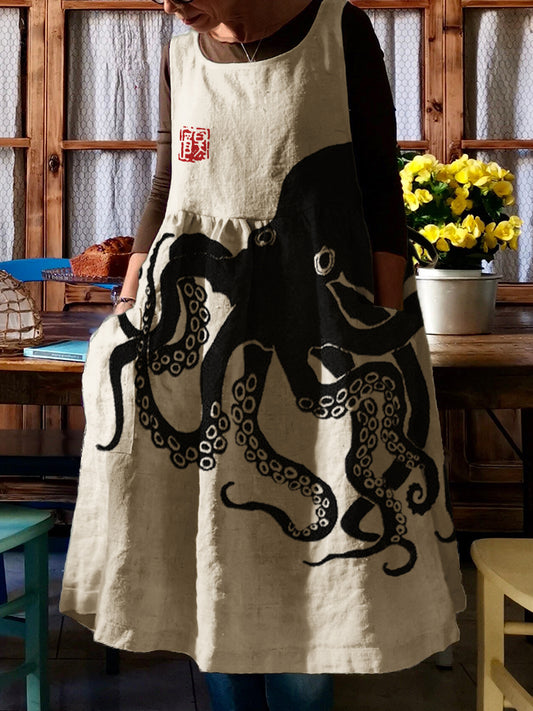 Octopus Japanese Lino Art Linen Blend Pinafore Dress