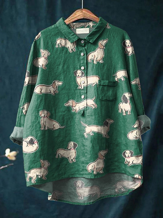 Cartoon Dachshund Dog Repeat Pattern Printed Women's Casual Cotton And Linen Shirt