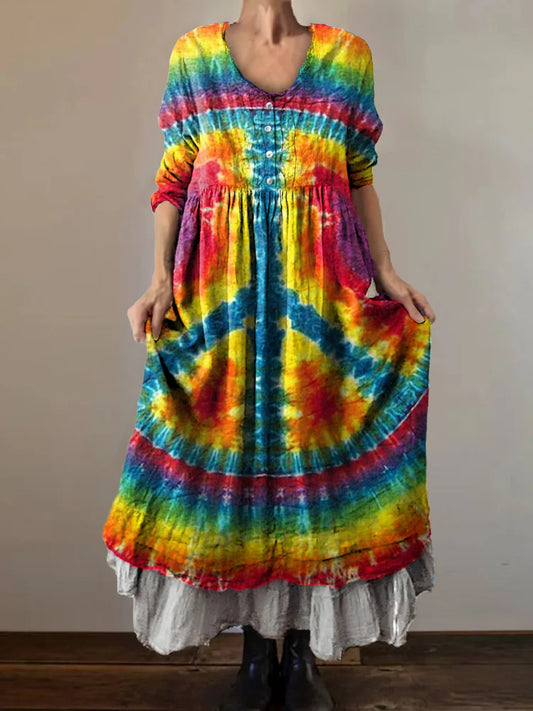 Women's Hippie Tie Dye Art Print V-Neck Button Pocket Cotton Dress