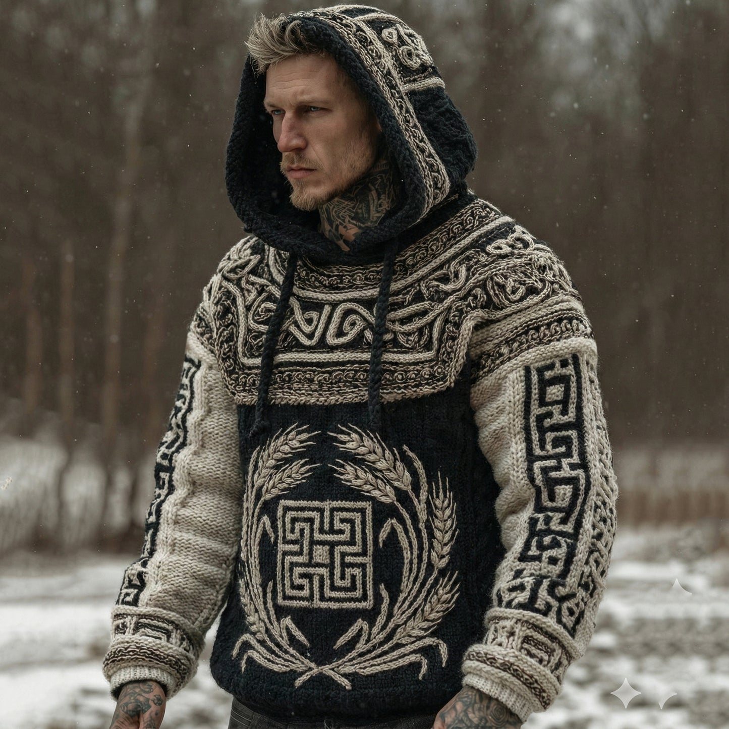 Men's Vintage Greek Key With Wheat Sheaf Art Pattern Casual  Cozy Knit Hooded Sweater elevenforest